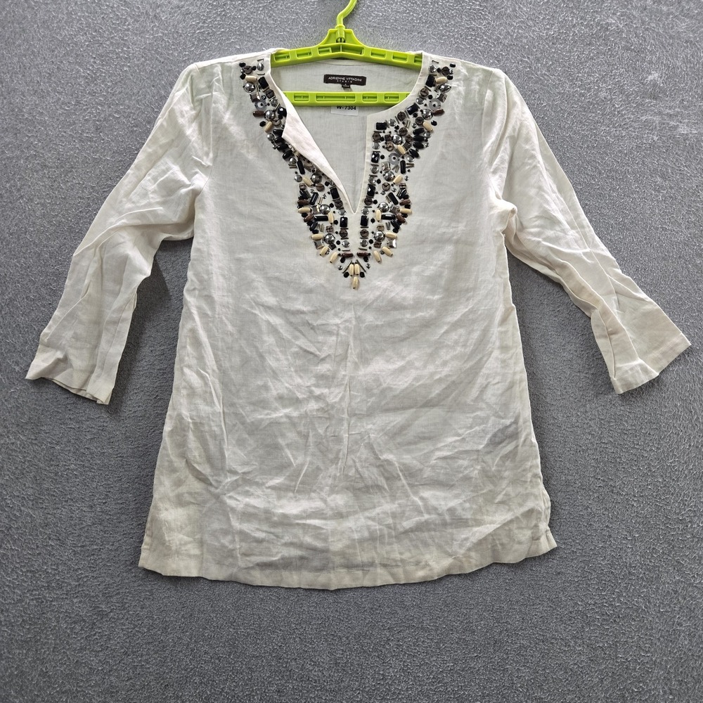 Adrienne Vittadini Studio Women Blouse 6 Cream Linen Beaded V-Neck Coastal Beach